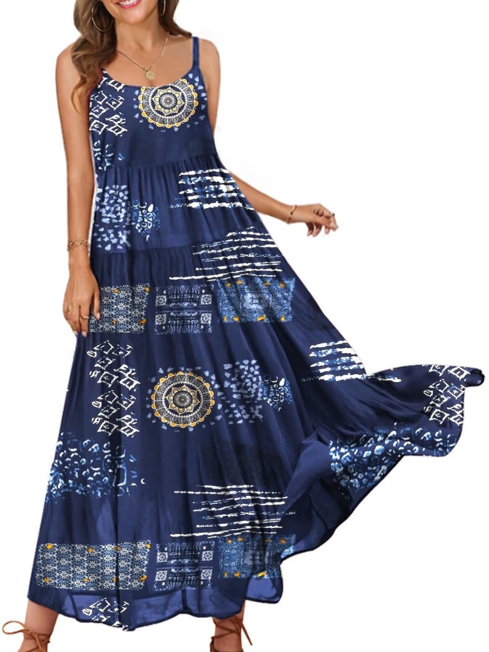 YESNO 100% Cotton Loose Bohemian Maxi Dress w/ Pockets in Blue Multi